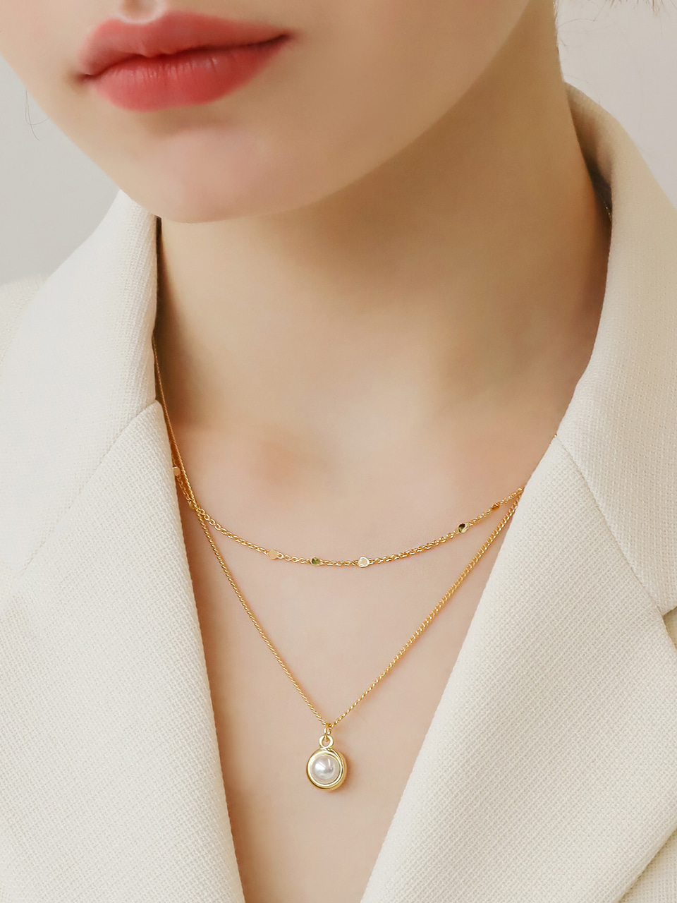 [셀럽착용] pearl clip layered necklace